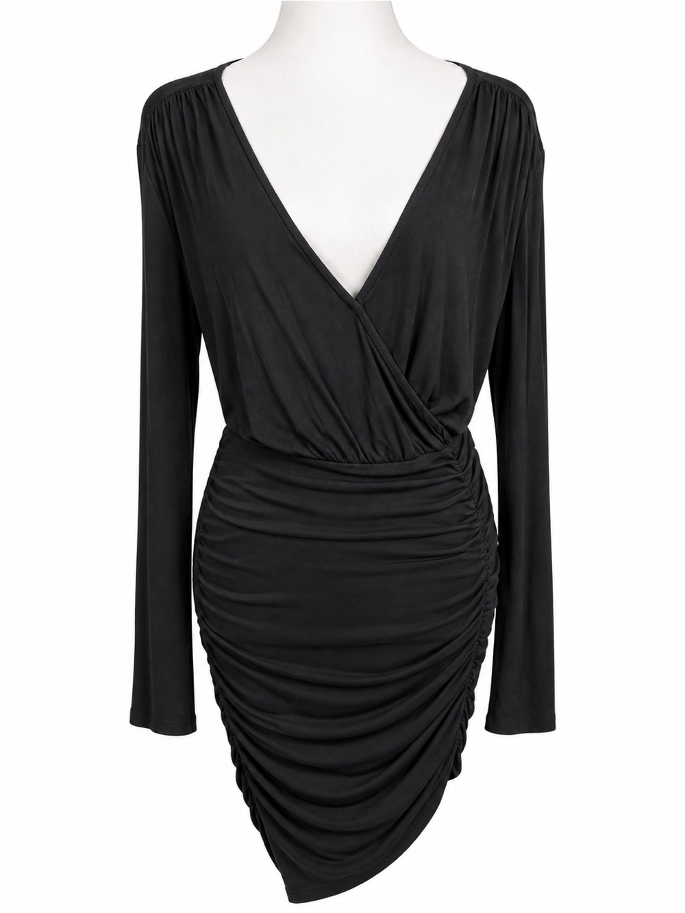 Express Black Ruched Long-Sleeve V-neck Bodycon Dress